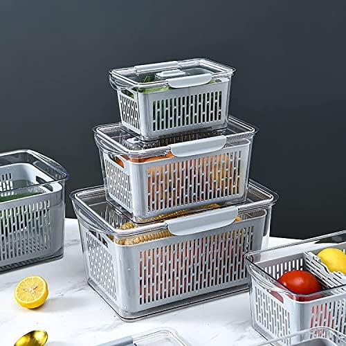 Jucoan 3 Pack Fresh Container, Produce Saver Container for Refrigerator, Vegetable Fruit Storage Container, Fridge Storage Organizer Bins with Divider, Fridge Container Box, Grey (Not Dishwasher Safe)