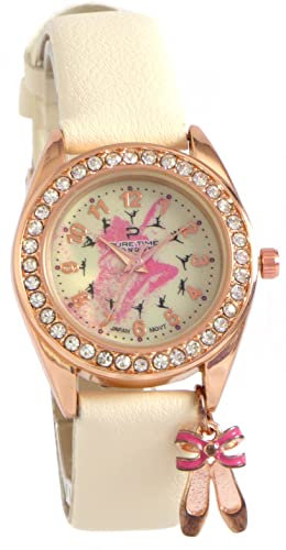 Pure Time London NPT007 - Orologio da donna o ragazza con cassa in oro rosa, con ciondolo a forma di ballerina, beige, oro rosa, Kids, Cinturino