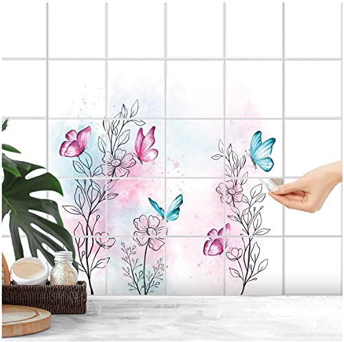 FoLIESEN Fliesenaufkleber - Deko-Bild für Bad, Küche, Badezimmer - Dekoration Fliesen-Bild selbstklebend - Garten der Schmetterlinge, Fliese - Bild (BxH):20x25 cm - 40x50 cm / 4-tlg.