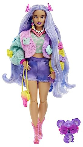 Barbie EXTRA - Kurvenreich mit 15 Zubehörteilen und Tierchen, Gelenkiger Körper, Outfit mit Sweater, Oberteil, Shorts, Stiefeln und Accessoires, für kreatives Styling ab 3 Jahren, HKP95
