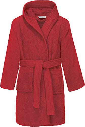 REDBEST Kinder-Kapuzen-Bademantel 100% Baumwolle Frottier, Serie Chicago - saugstark, strapazierfähig, mit Taschen und Bindegürtel - rot Größe 146-152