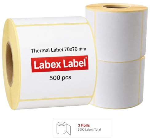Thermoetiketten 70x70 mm auf Rolle – Produktetiketten Inventaretiketten – 3 Rollen 1500 Etiketten – Thermodirekt ohne Farbband – kompatibel mit Zebra, TSC, Godex – Labex Label