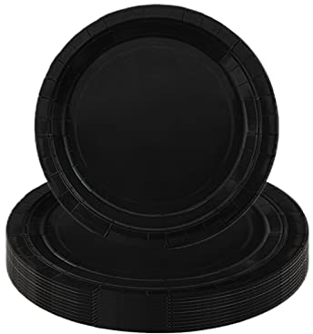 POPOYU 16 Pack Black Paper Plates - 9 Inch/23cm Black Paper Plates Round, Reusable Party Tableware Supplies for Wedding, Birthday, Festival, Baby Shower, Graduation, Anniversaries