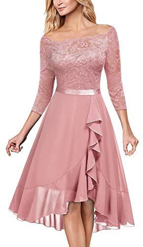 MIUSOL Women's Elegant Lace Chiffon 2/3 Sleeve Off-Shoulder Cocktail Ball Bridesmaid Patry Swing Midi Dress (Small, Pink)