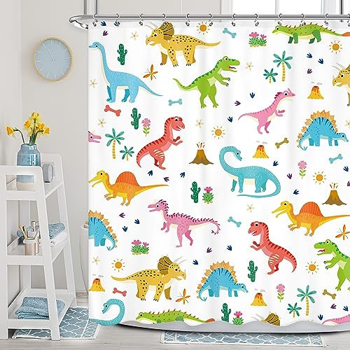 Newsely Duschvorhang für Kinder, Cartoon-Dinosaurier, 152x183 cm, niedlich, lustig, bunt, Dino-Tiere, Pflanze, Safari, Wildtiere, Duschvorhang, Badezimmer-Set, Mädchen, Zubehör, Heimdekoration