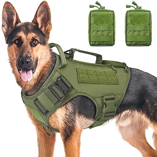 AIWAI Taktisches Hundegeschirr für mittlere und große Rassen, Molle-Panels Metallschnalle, Weste mit Seitentaschen, Taschen für Service-Arbeitstraining Grün,M, mit 2 Beuteln