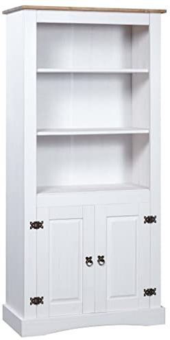 KOIECETA Kiefer Schrank Mexiko-Stil Corona Bücherregal Bücherschrank Vitrine Standvitrine Highboard Kommode Anrichte 80x40x170cm Weiß