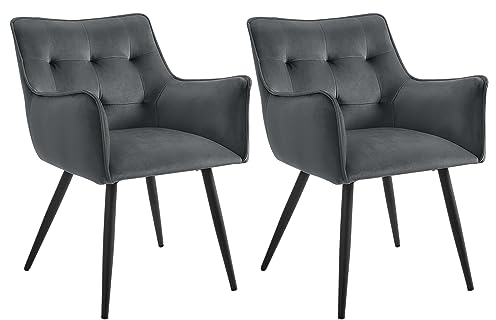 WOLTU Esszimmerstühle 2er-Set, Sessel, Küchenstuhl, Polsterstuhl, Stuhl mit Armlehnen Rückenlehne, Wohnzimmerstuhl mit Samtbezug, Metallbeine, für Esszimmer Küche,Dunkelgrau, BH374dgr-2