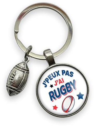 Porte-clés rugby « J'peux pas j'ai rugby » avec cabochon et breloque ballon – Cadeau idéal pour rugbyman - joueur de rugby - création