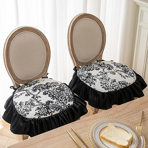 Set mit 2 französischen Landhaus-Rüschen-Stuhlkissen mit Bändern, botanischer Pflanzendruck, für Küche und Esszimmer, Stuhlkissen, superweiches Chenille-Sitzkissen mit abnehmbarem Bezug (sch