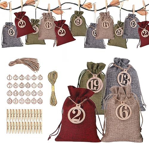 Adventskalendertüten - 24 Tage Weihnachten Adventskalender, schöner Adventskalender zum selber Befüllen mit 24 Jutebeutel und Zahlenaufkleber-Set für Weihnachten Cenmoo
