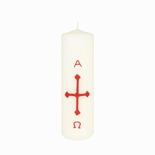 Jaspers Hausosterkerze, Ostertischkerze 200 x Ø 40 mm Kreuz, A+O in Rot (Wachsauflage)