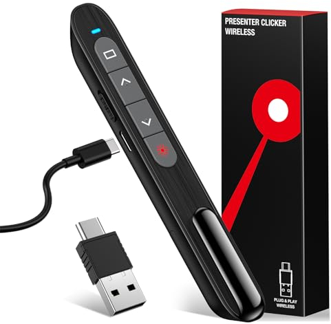 Wiederaufladbare USB C Presenter, 2.4 GHz Kabellose Roter Laserpointer, Hyperlink, Switch Windows, Lautstärkeregelung, 2 Wochen Spieldauer, Batterieanzeige, Präsentation für Windows 7/10/11, Macbook