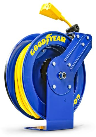 Goodyear Retractable Extension Cord Reel – Heavy-Duty Commercial Cable with Triple Tap Connector, Auto-Rewind & Wall/Ceiling Mountable (Industrial, 12AWG x 80 ft)