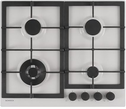SCHOCK | Piano Cottura 4 Fuochi Gas Professional PC60 con Manopole Nere Opache Soft Touch, Griglie in Ghisa, Valvole di Sicurezza, New Alumina, 585x500 mm