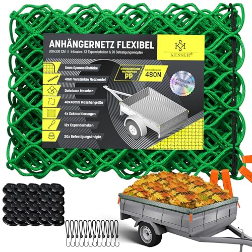KESSER® Anhängernetz 2x3m Dehnbar feinmaschig | Hängernetz mit Spannseil & Netzkordel für Ladungssicherung | elastisches Sicherungs-Netz Eckmarkierungen Expander-Haken & Befestigungsknöpfen Grün