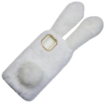 LABRIMP Adorable Rabbit Ears White Plush Phone Case for Bunny Ears Case Cover Rhinestones