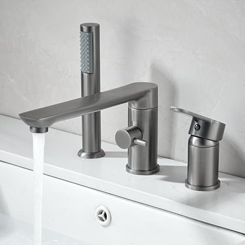 3 Trous Robinet Baignoire Kit - Robinet Baignoire avec Rétractable Douchette, Autoportante Mitigeur Baignoire, Robinetterie Salle de Bain Set丨 Gris