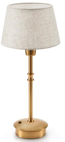Akku Tischlampe Aufladbar, Kleine Tragbare Kabellose Tischlampe mit Dimmer, Touch Dimmbare Lampe für Esstisch Wohnzimmer Schlafzimmer Outdoor Balkon Garten Deko, Lampenschirm Leinen,Antikes Metall