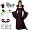 SHOWHEEL Vampir Kostüm Mädchen,Halloween Vampirkostüm Kinder,Kinderkostüm Vampirin Kleid mit Rose Rubin Halskette Vampirgebiss,Fasching Karneval Mottoparty