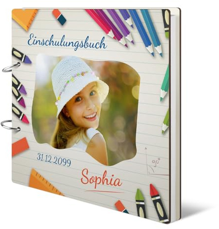 Personalisiertes Foto Gästebuch Schulanfang Einschulung 72 Blatt / 144 blanko Seiten 120g/qm Naturpapier, Ringbindung zum Öffnen, HDF Holzcover mit intensivem UV-Druck Heftnotiz Look 215x215mm