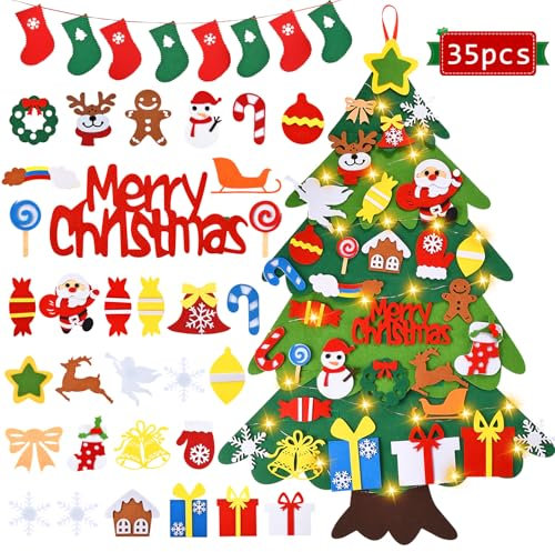 Felt Christmas Tree, DIY Christmas Tree for Toddlers, Wall Christmas Tree with Light, Christmas Tree with 35pcs Ornament, 3.35ft DIY Christmas Tree Set for Kids,New Year/Christmas Decorations