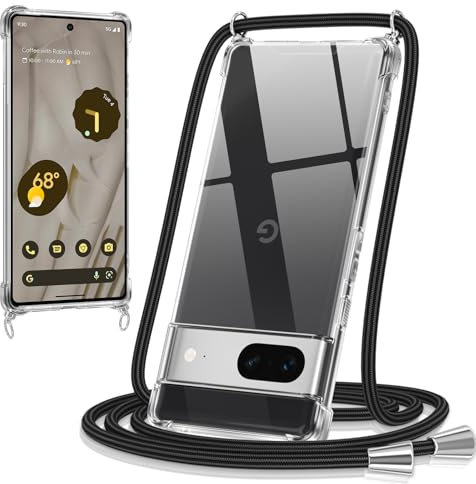 Xylota Coque avec Cordon pour Google Pixel 7?5G 6,3, Etui avec Collier Laniere Tour de Cou Lanière Corde Lanyard, Transparente Silicone Souple TPU PC Case Antichoc Protection Housse Cover, Noir