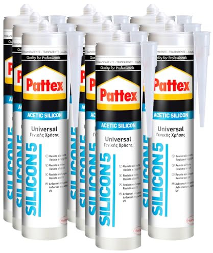 Pattex Silicon5 Silicone Acetico Universale Sigillante Trasparente con Applicatore Per Bagni Sanitari Cucine e Serramenti - 10 Flaconi da 280ml