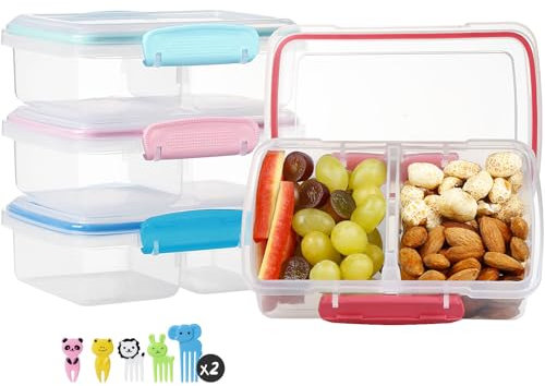 Greentainer Plastic Snack Containers for Kids, 4 Pack Bento Boxs with 2 Compartments Travel Snack Container Sandwiches/Fruits/Candies Food Storage Containers BPA Free Dishwasher Safe-Rose