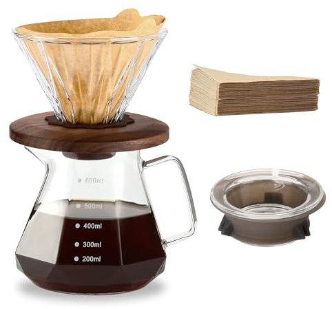 Polydremio Caffettiera Pour Over, caraffa in vetro borosilicato da 590 ml, con 100 filtri di carta misura 02, manico in noce e coperchio in vetro, 600 ml, trasparente