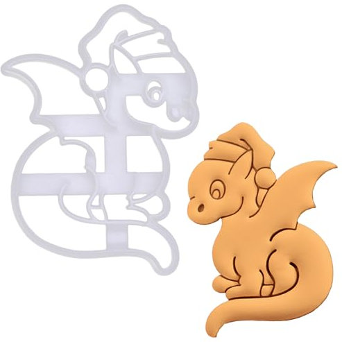 BAKERLOGY Babydrache mit Weihnachtsmütze Ausstechform - Weihnachten Ausstecher, Drachen Plätzchenausstecher, Mythologie Keksausstecher, Ideal für Fondant, Keksteig, Ton
