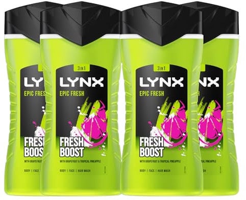 Lynx Epic Fresh Boost 3-in-1 Body, Face and Hair Wash, Grapefruit and Tropical Pineapple Shower Gel 225ml | Set of 4 | Click on '𝗖𝘂𝘀𝘁𝗼𝗺𝗶𝘀𝗲 𝗡𝗼𝘄' for More Bulk Options