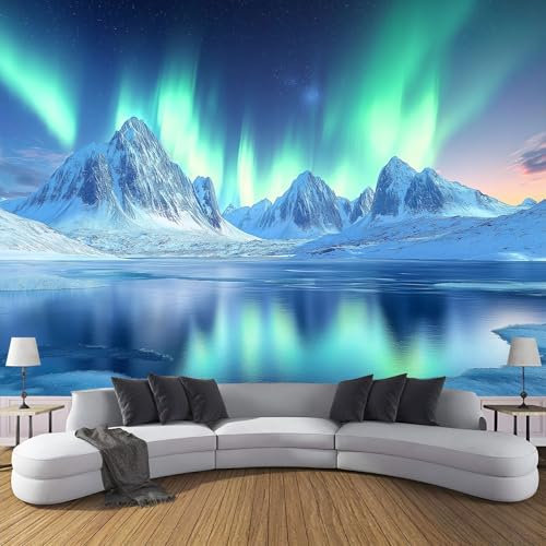 Seidenstoff Fototapete 3D Effekt 396X280Cm (B×H), Foto Tapete Schlafzimmer Wohnzimmer Prächtige Landschaft Tapete Wandtapete, Nordlichter Berge Motivtapeten Bildtapete Wand Dekoration