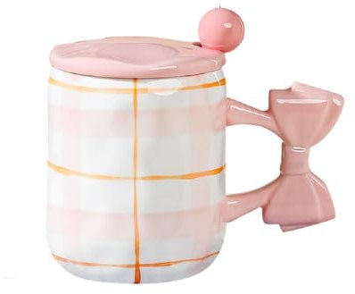 VollfitYYu 450 ml Large Ceramic Mug with Cute Bow Handle Cocoa Mug with Lid and Spoon Novelty Stripes Design Coffee Cup Gift Women Girls Girlfriend Colleague (Pink)