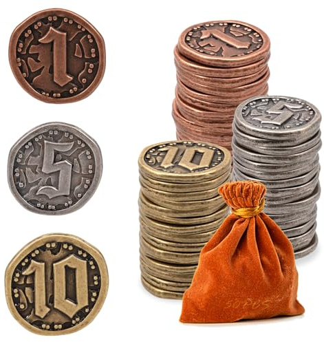 Prefdo 50PCS Metal Coins for Board Games, Gold & Silver Tokens for Poker, RPG, Strategy Tabletop Gaming, Fantasy Metal Coins, Heavy Duty Generic Game Currency