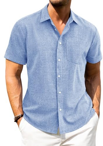 J.VER Mens Shirts Short Sleeve Summer Linen Regular Fit Beach Holiday Casual Button Down Shirt Light Blue 2XL