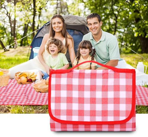 oubasang Picknickdecke wasserdicht stranddecke picknickdecke groß Faltbare Outdoor-Wanderdecke wasserdichter Boden mit Griff rot kariert picknickdecke 200x200 für Wandern Reisen Outdoor Camping Parks
