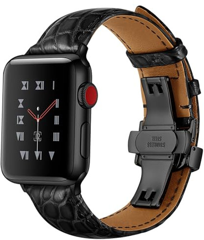Compatible con Apple Watch Band 49 mm, 46 mm, 45 mm, 44 mm, 42 mm, 41 mm, 40 mm, 38 mm, hebilla correa de piel de cocodrilo para iWatch Ultra 1 2 Serie 10 9 8 7 6 5 SE 4 3 2 1 (negro/negro, 49 mm/46
