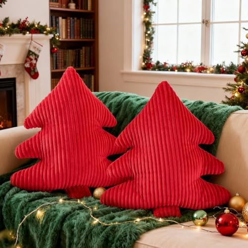 Lanpn 2 Stück Weihnachtsbaum Kissen Weihnachtskissen, Schmale Streifen Weihnachts Kissen Dekokissen Zierkissen für Party Bett Sofa Couch Innenbereich Weihnachtsdeko (Rot, 45,5x41cm)