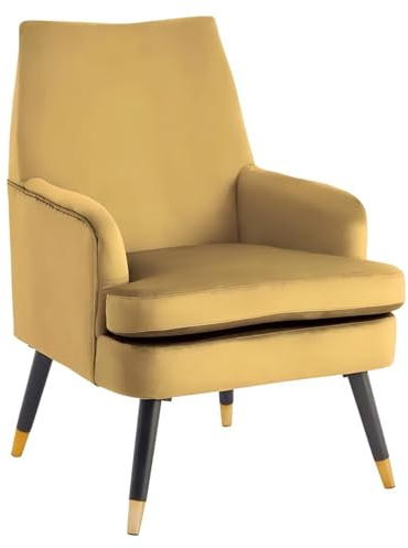 FWStyle Loretta Mustard Yellow Velvet Padded Armchair – Modern Upholstered Lounge Chair with Gold-Tipped Black Legs – Luxury Statement Chair for Living Room, Bedroom, or Home Office