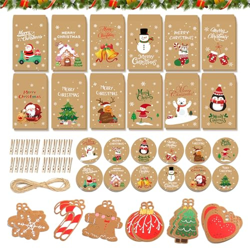 97 Stück Weihnachts Papiertüten & Mini-Briefumschläge Set – kleine Geschenktüten mit Karten, Aufklebern & Juteschnur – weihnachtstüten klein für Geschenke, Mitgebsel & Deko