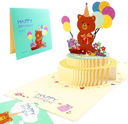 DORAFIORA® Pop-Up Geburtstagskarte Teddybär – Fröhliche 3D Karte mit Ballons & Geschenken | Glückwunschkarte für Kinder, Mädchen & Jungen | Inkl. Umschlag