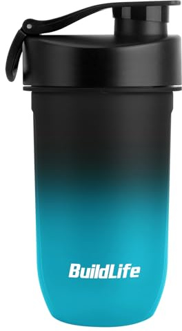 BuildLife Shaker Bottle, 600ML Tritan Protein Shaker Water Bottle, Shakes Cup with Strainer for Protein Powder Supplement Smoothie Quiet Mixing, Lump-Free Dishwasher Safe (BlackBlue)
