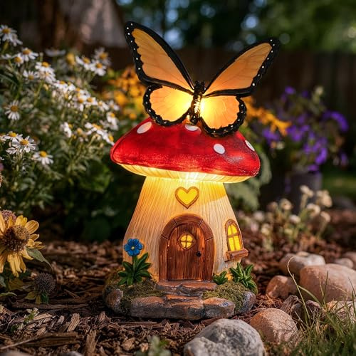 GIGALUMI Fairy Garden Houses Mushroom 9.3,Garden Statues,Fairy Houses for Outside,Fairy Garden Accessories, Butterfly House, Mushroom Decor for Yard, Patio and Birthday Gifts for Mom Women