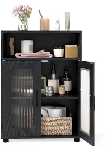 COSTWAY Badezimmerschrank, freistehender Badschrank mit 2 Türen & 3-stufig verstellbarem Regal, Aufbewahrungsschrank mit offenem Fach & erhöhten Beinen, für Wohnzimmer, Badezimmer, Küche (Schwarz)