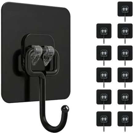 Winsall Large Self Adhesive Hooks, Heavy Duty Stainless Steel Waterproof Wall Hooks, 66lb/25kg Max, 12 Pack, for Home Bathroom Kitchen Office (Black)