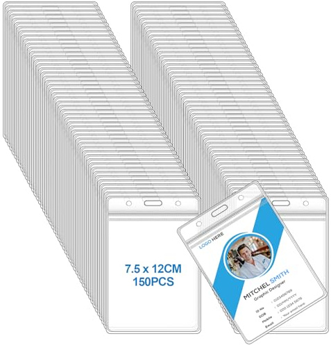 Lot de 150 Porte Badge, 7,5 x 12 cm, Porte Badge Verticaux, étanche Porte-Badges Transparent, PVC Transparent Porte-Carte D'Identité, Pour employés, étudiants, expositions