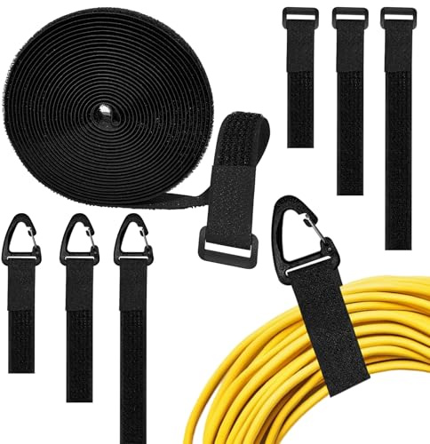 1 x 16.4Ft Hook and Loop Straps, Adjustable Fastening Extension Cord Holder with 25 Buckles and 10 Triangle Clips, Reusable Cuttable Nylon Securing Cable Ties for Organizer Storage