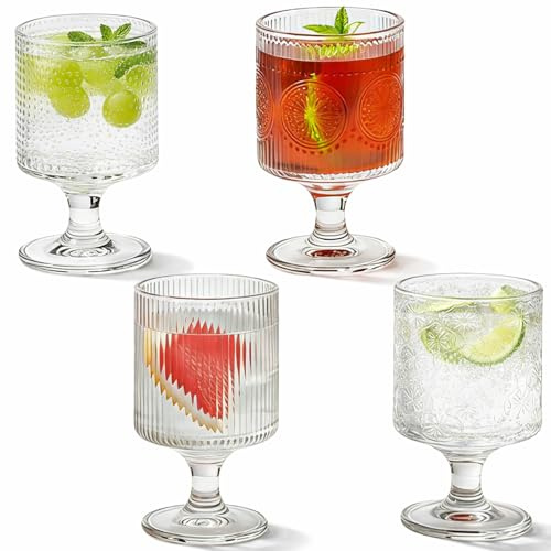 Tel Charme * 4-Pack 180ml Embossed Highball Drinking Glasses – Glass Tumblers for Gin, Cocktails, Water & Hot Cold Beverages