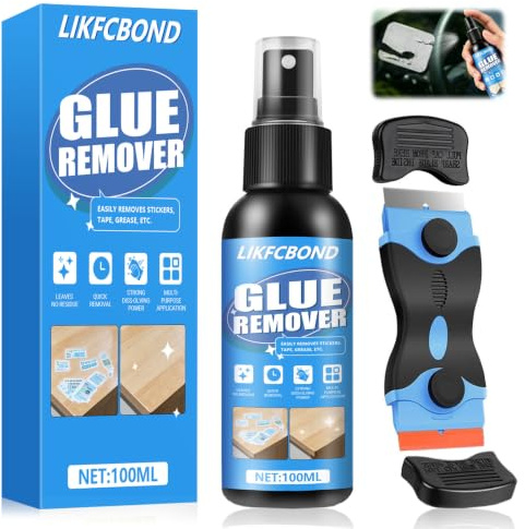 LIKFCBOND Quita Pegamento Adhesivo, 100ML Disolvente Pegamento | Quitaetiquetas Extra Fuerte, Disolución Rápida, Elimina Eficazmente Etiquetas y Superficies, con Rascador de Doble Cara